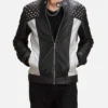 Men Black With Spiked Studded On Shoulder Zipper Jacket