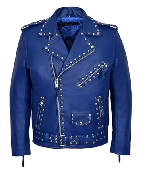 Men’s Classic Motorcycle Blue Studded Leather Biker Jacket