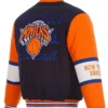 NY Knicks Navy and Orange Varsity Wool Jacket Back