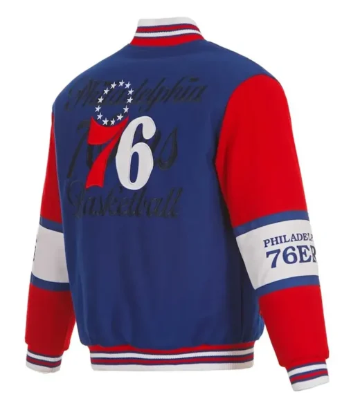 Philadelphia 76ers Royal and Red Wool Varsity Jacket Back