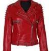 Red Leather Cone And Tree Spike Studs Zipper Jacket