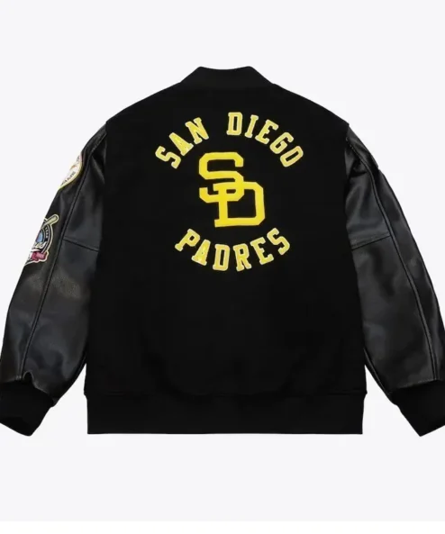 San Diego Padres Black Out Vintage Logo Varsity Jacket Back