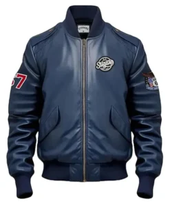 Stegaro Navy Blue Leather Bomber Jacket