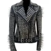 Women Black Biker With Round Cap Studded Zipper Jacket