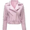 Women Pink Spike Skeleton Studs Leather Biker Jacket
