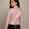 Women Pink Spike Skeleton Studs Leather Biker Jacket For Unisex