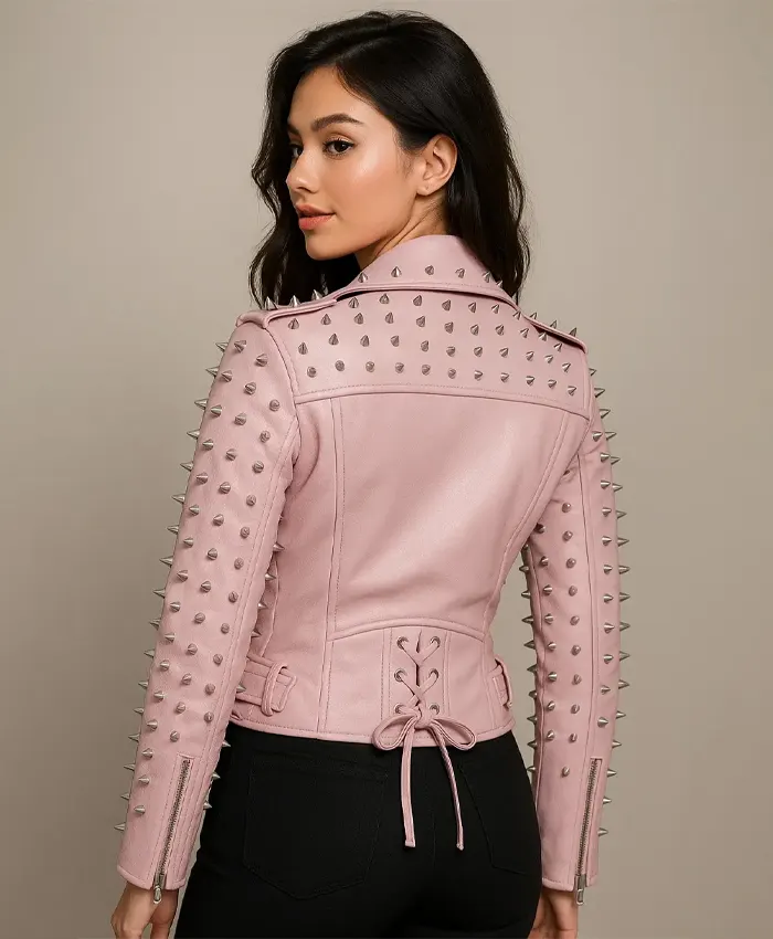 Women Pink Spike Skeleton Studs Leather Biker Jacket For Unisex