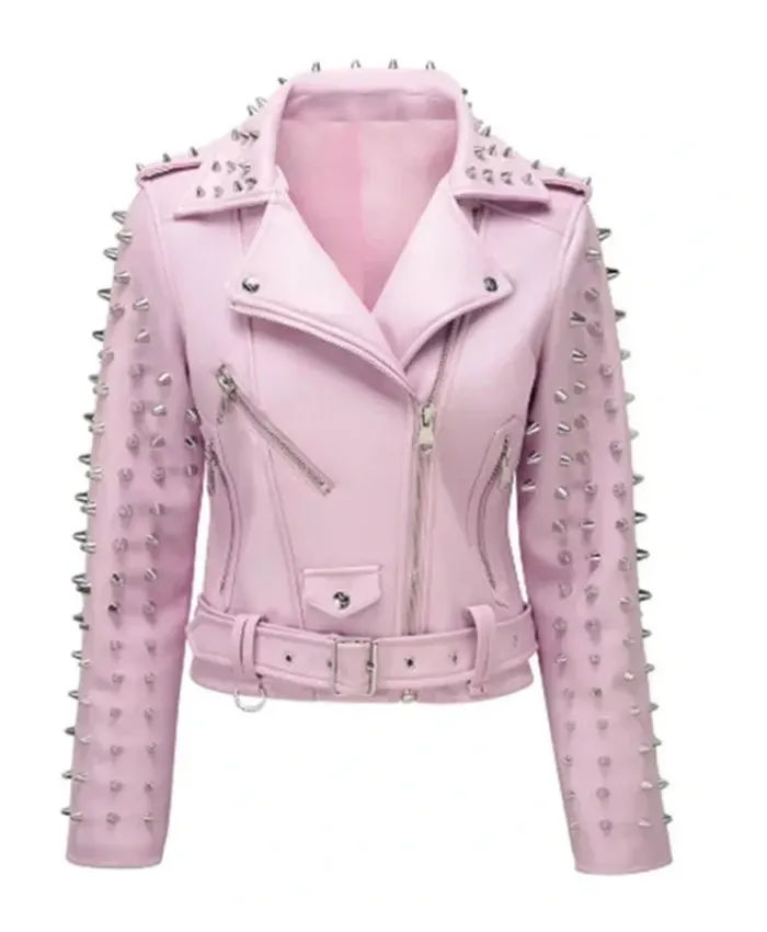 Women Pink Spike Skeleton Studs Leather Biker Jacket