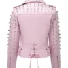 Women Pink Spike Skeleton Studs Leather Jacket