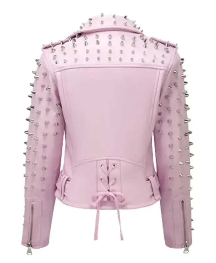 Women Pink Spike Skeleton Studs Leather Jacket
