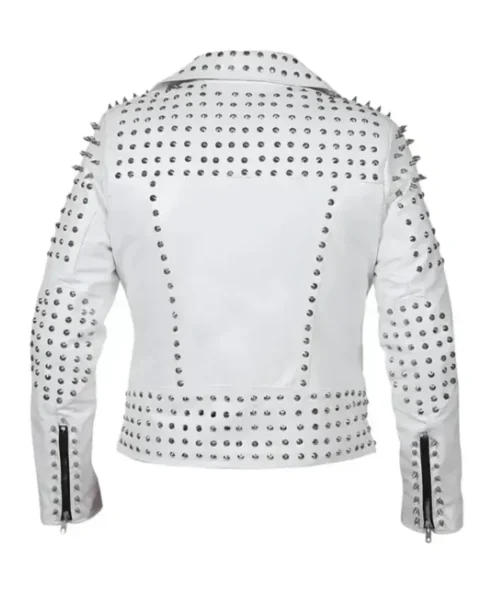Women White Biker Leather With Cone Studs Jacket
