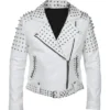 Women White Biker Leather With Cone Studs Zipper Jacket