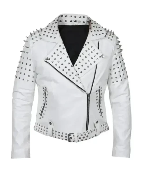 Women White Biker Leather With Cone Studs Zipper Jacket