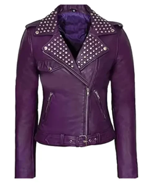 Women’s Purple Biker Studded Leather Zipper Jacket