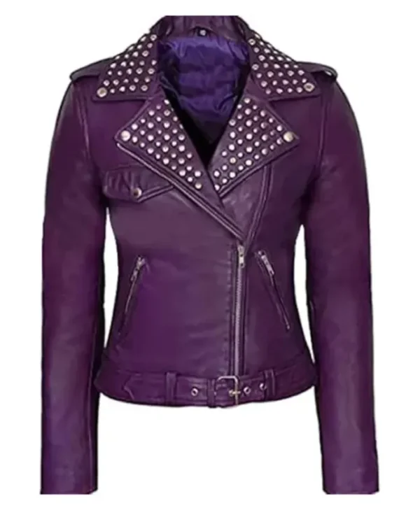 Women’s Purple Biker Studded Leather Zipper Jacket