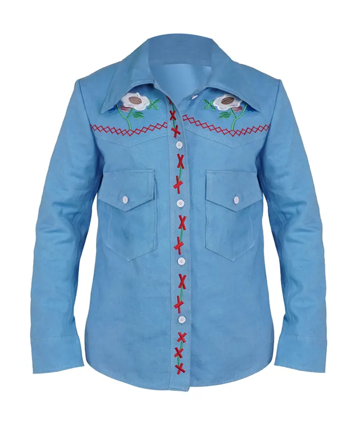 Yellowstone-S05-Kelsey-Asbille-Grey-Print-Floral-Shirt-Front-View