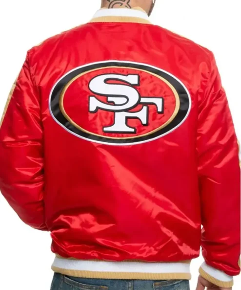 49ERS SF Red Satin Varsity Bomber Jacket Back