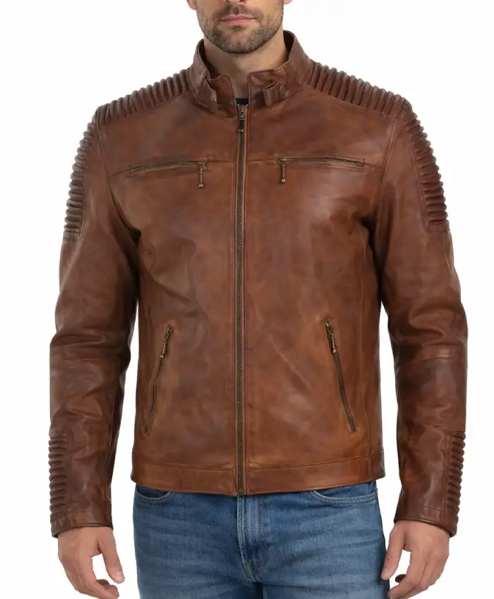 Brown Distressed Mens Biker Motorcycle Leather Jacket