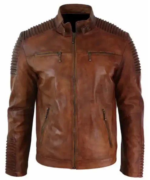Brown Distressed Mens Biker Motorcycle Leather Jacket