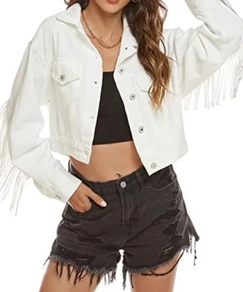 Buffalo Bills Blake Cropped Fringe White Cotton Jacket