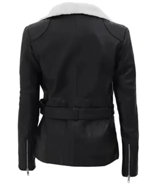 Buy Kelli Asymmetrical Shearling Leather Black Belted Biker Jacket For Sale