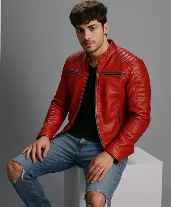 Buy Men’s Quilted Red Biker Leather Jacket