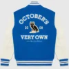 Buy Now OVO Same City Same Friends Blue And White Varsity Jacket For Unisex