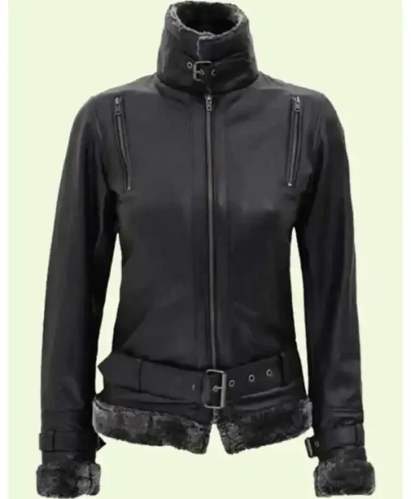 Deborah Women Black Leather Shearling Jacket