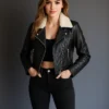 Get Now Women Black Real Leather Cropped Fur Jacket For Sale