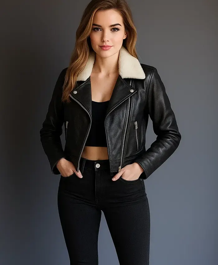 Get Now Women Black Real Leather Cropped Fur Jacket For Sale