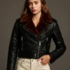 Gina Aviator Sheepskin Shearling Fur Asymmetrical Black Leather Biker Jacket