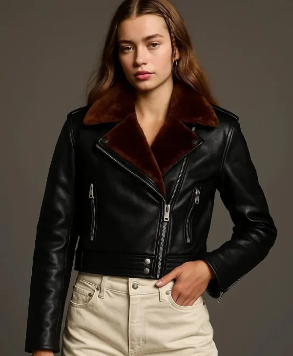 Gina Aviator Sheepskin Shearling Fur Asymmetrical Black Leather Biker Jacket