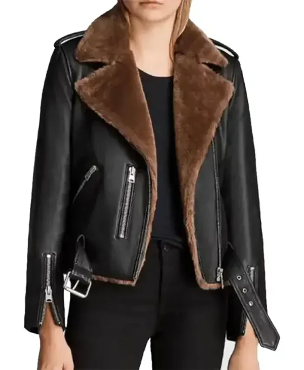 Gina Shearling Leather Black Biker Jacket