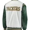 Green Bay Packers White and Green Satin Varsity Jacket Back