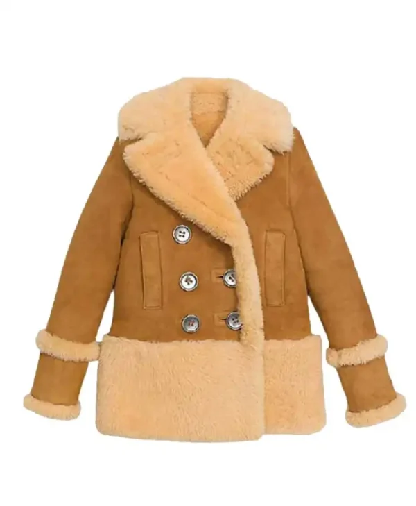 Kate Suede Genuine Leather Brown Pea Coat