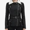 Kelli Shearling Black Leather Belted Biker Jacket