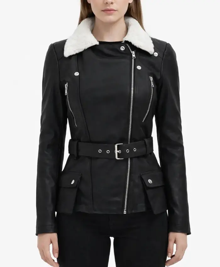 Kelli Shearling Black Leather Belted Biker Jacket