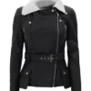 Kelli Shearling Black Leather Belted Biker Jacket