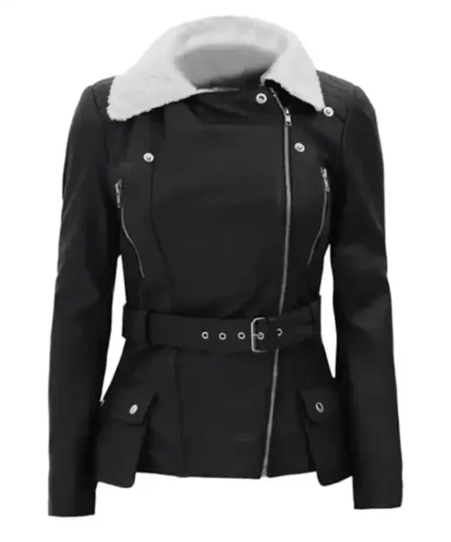 Kelli Shearling Black Leather Belted Biker Jacket