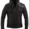 Leather Jacket Motorcycle Racing Style With Detach Hood