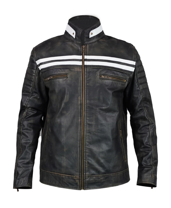 Vintage distressed black leather jacket designed for edgy casual outfits