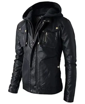 Men’s Brando Style Biker Leather Hooded Jacket