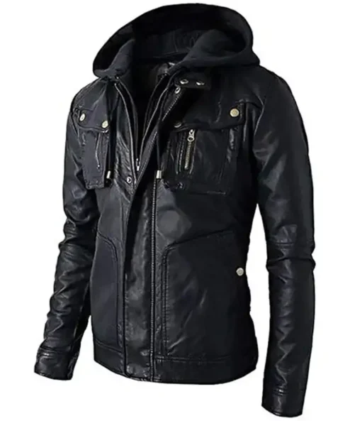 Men’s Brando Style Biker Leather Hooded Jacket