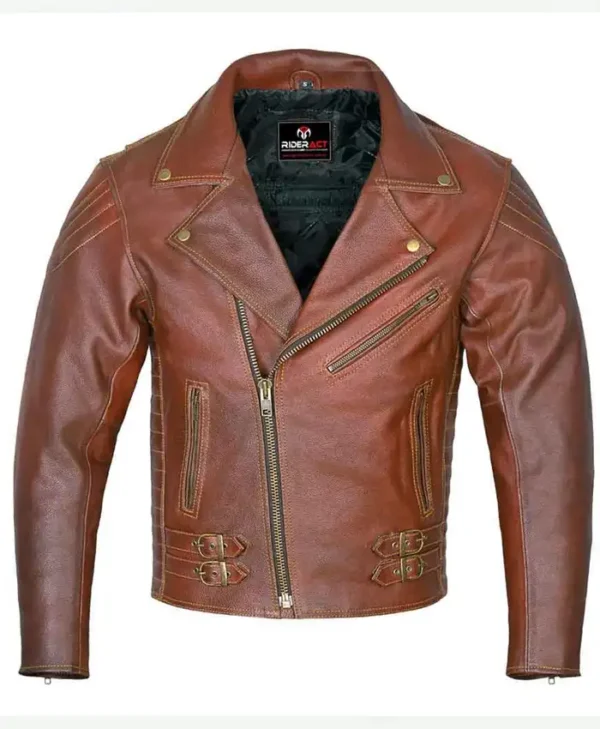 Men’s Brown Brando Style Biker Leather Jacket For Sale