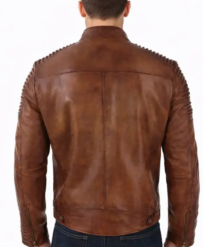 Mens Brown Distressed Cafe Racer Vintage Quilted Mens Biker Leather Jacket