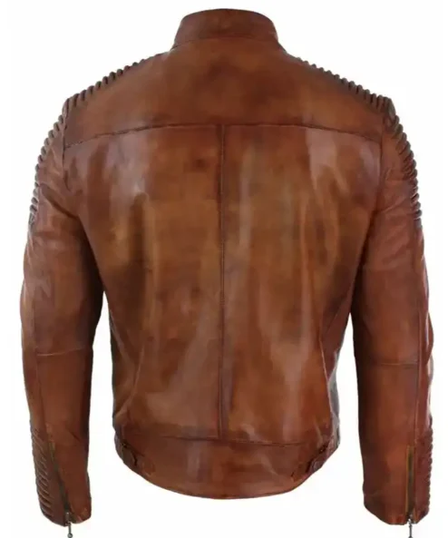 Mens Brown Distressed Cafe Racer Vintage Quilted Motorcycle Mens Biker Leather Jacket