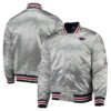 New England Patriots Jessamyn Silver Satin Varsity Jacket