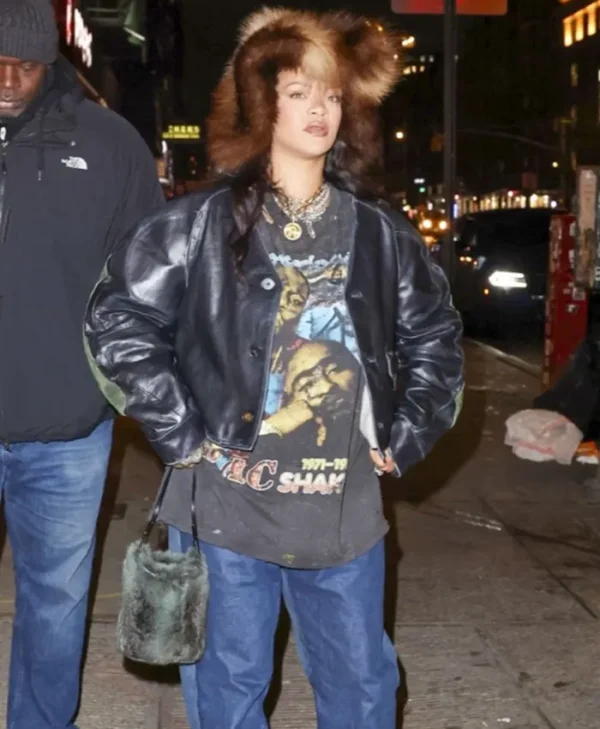 Rihanna NYC Cropped Black Leather Jacket