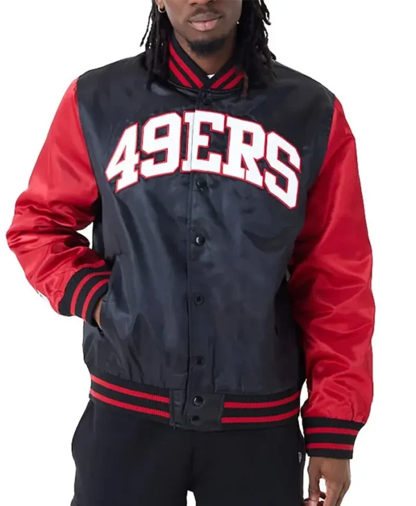 San Francisco 49ers Applique Black and Red Satin Varsity Jacket