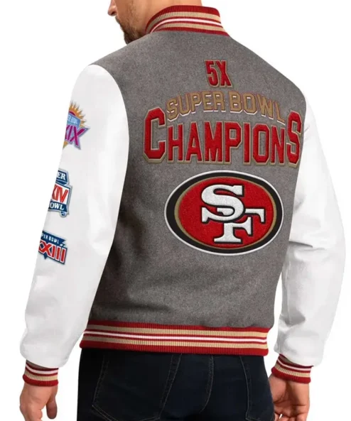 San Francisco 49ers Challenger Grey and White Varsity Jacket Back